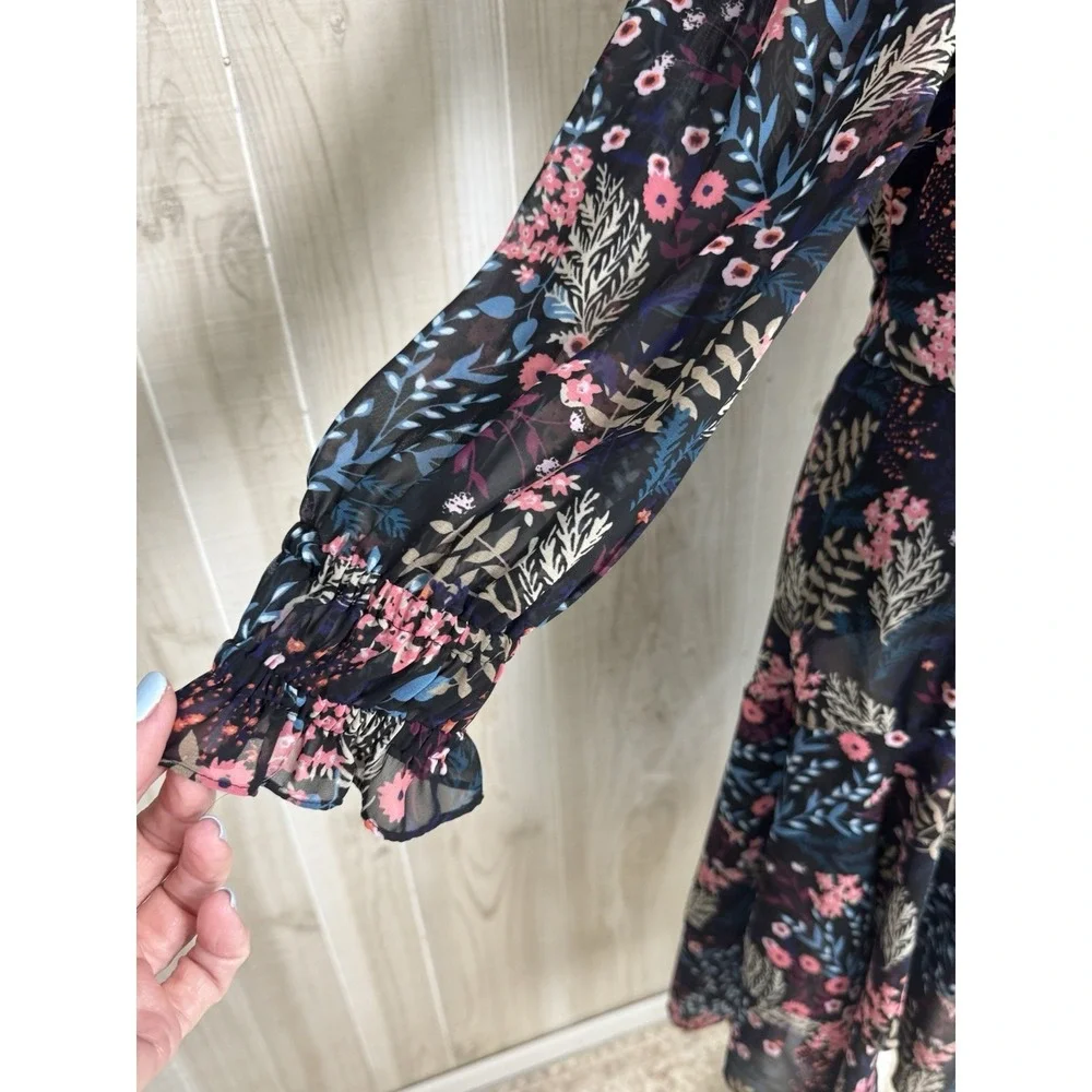 Eliza J Floral Midi Dress 8 Sheer Balloon Sleeve Ruffle Tiered Chiffon Lined